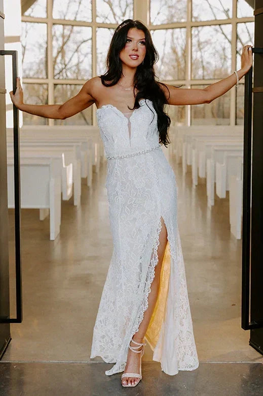 Gorgeous Mermaid Sweetheart White Lace Long Prom Dress with Beading Pearls - FashionDia