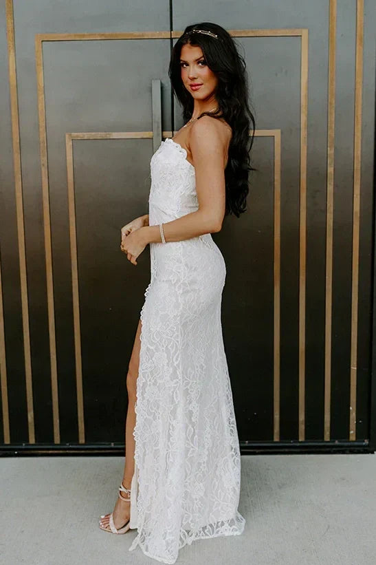 Gorgeous Mermaid Sweetheart White Lace Long Prom Dress with Beading Pearls - View 5 | FashionDia