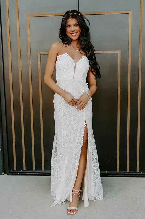 Gorgeous Mermaid Sweetheart White Lace Long Prom Dress with Beading Pearls - View 4 | FashionDia