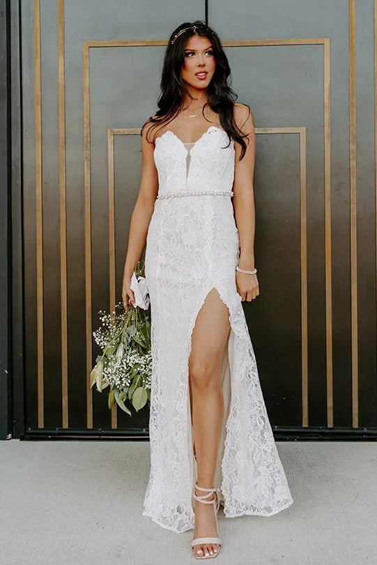 Gorgeous Mermaid Sweetheart White Lace Long Prom Dress with Beading Pearls - View 3 | FashionDia