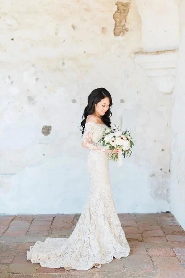 Gorgeous Off Shoulder Ivory Lace Long Sleeves Mermaid Wedding Dress (ZD16058) - View 2 | VelvetHem