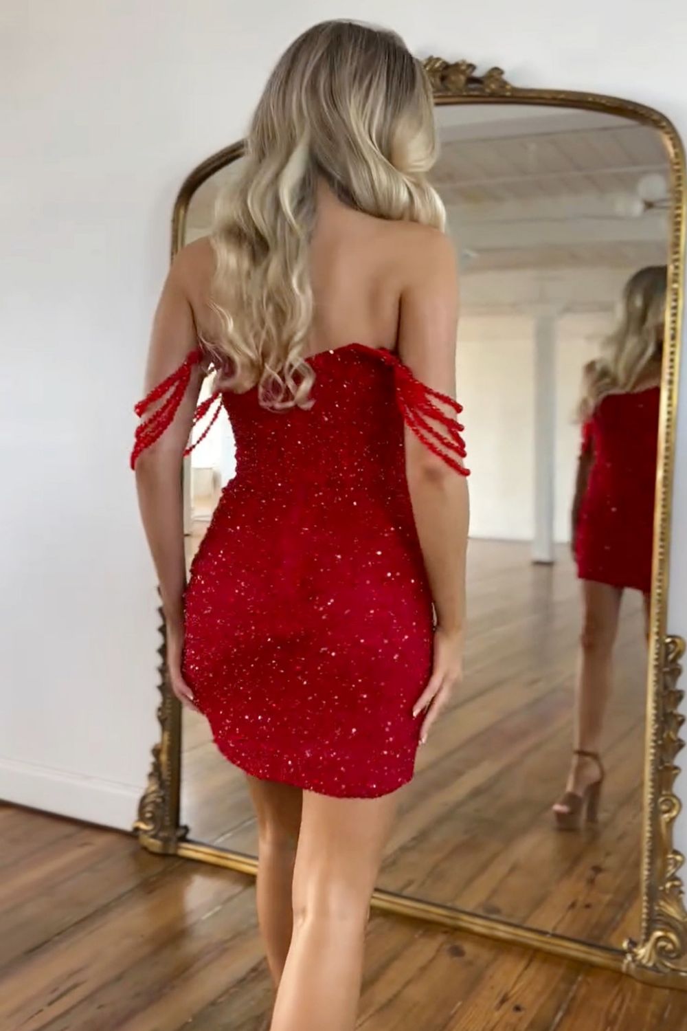 Gorgeous Red Mermaid Off The Shoulder Short Sequin Homecoming Dress with Fringe