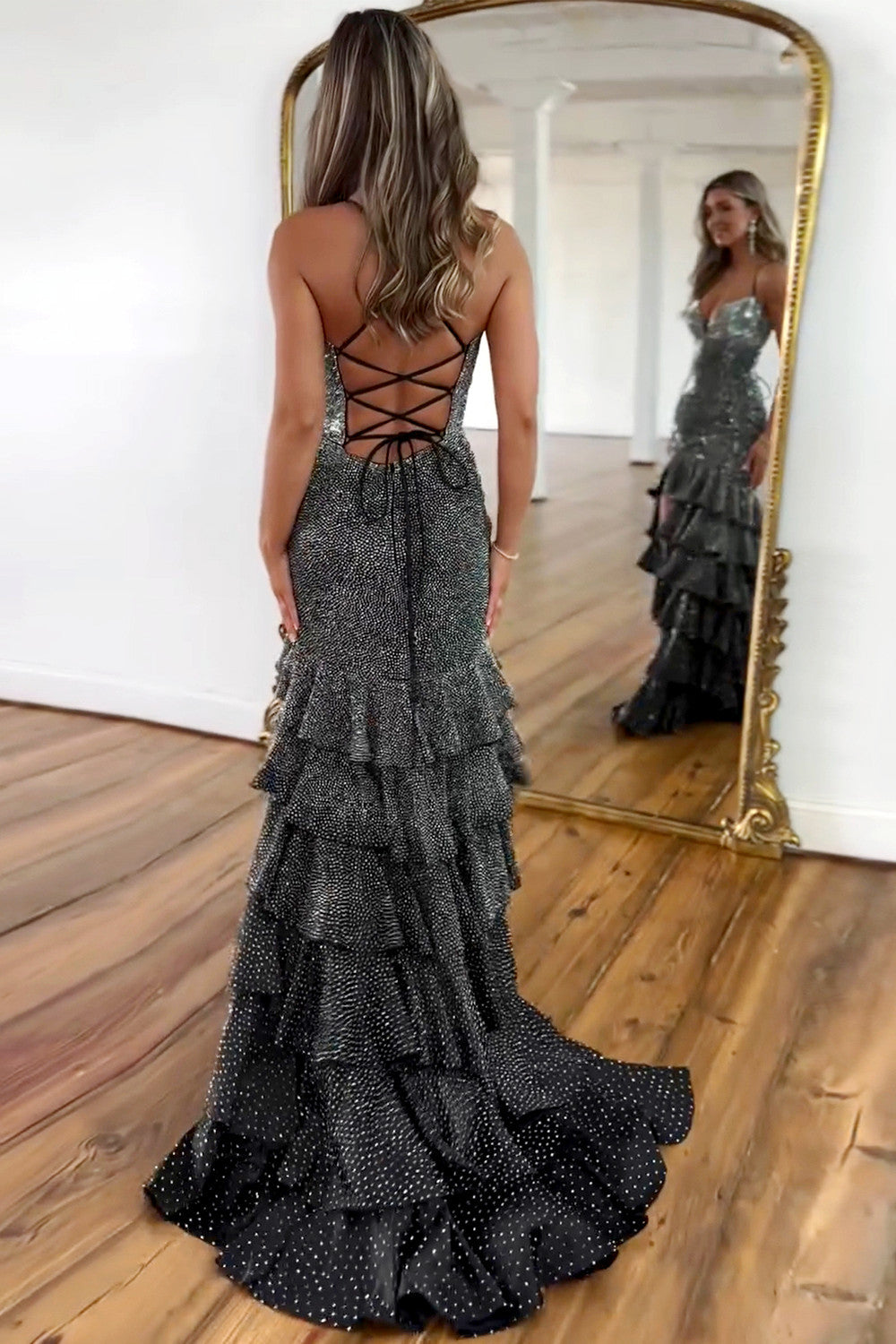 Gorgeous Sparkly Black Mermaid Lace Up Long Beaded Prom Dress with Slit - View 2 | FashionDia