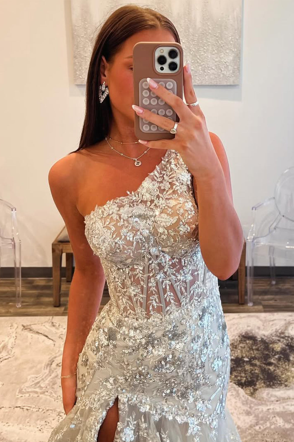 Grey Gorgeous Mermaid Sparkly One Shoulder Long Sequin Prom Dress with Ruffle Skirt