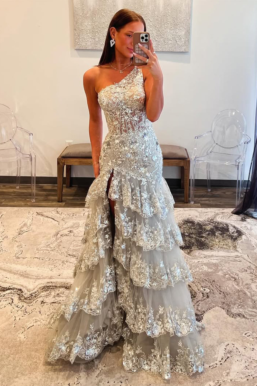 Grey Gorgeous Mermaid Sparkly One Shoulder Long Sequin Prom Dress with Ruffle Skirt