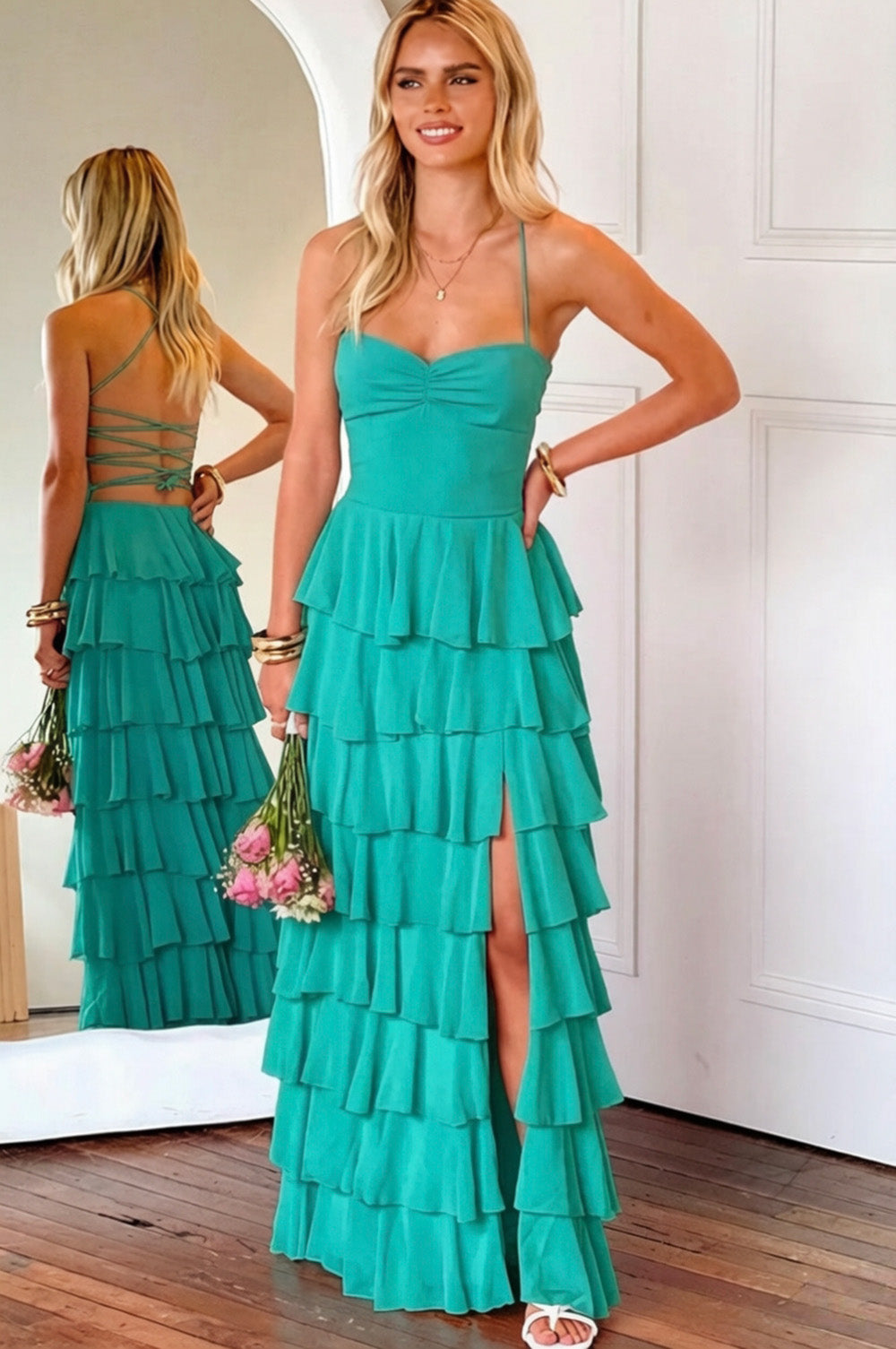 Gorgeous A Line Spaghetti Straps Burgundy Long Prom Dress with Ruffles