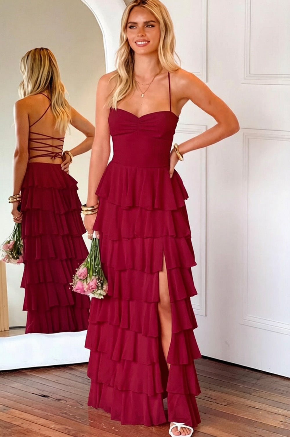 Gorgeous A Line Spaghetti Straps Burgundy Long Prom Dress with Ruffles
