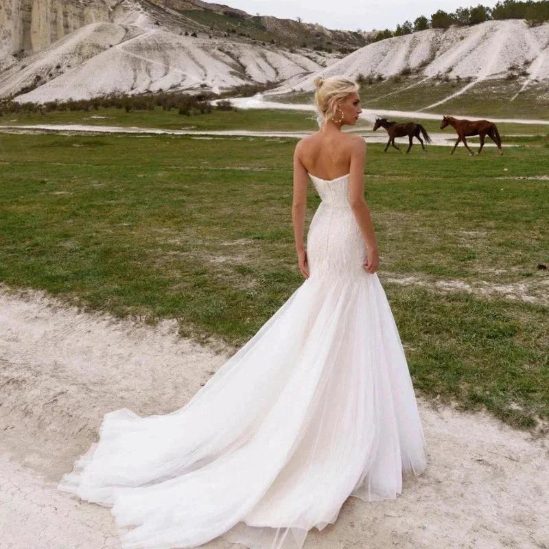 Graceful Sweetheart Wedding Dresses For Women Mermaid Strapless Beach Sequins Bridal Gown Sleeveless Court Train Robe De Mariée (ZD14249)