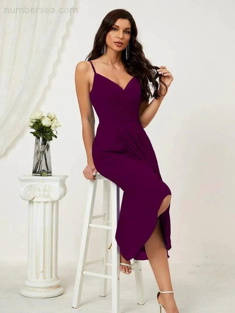 ZapDress Spaghetti Chiffon V Neck Bridesmaid Dress Mid-Length Slit Formal Prom Dress Homecoming Dress 2803 (ZD16952)