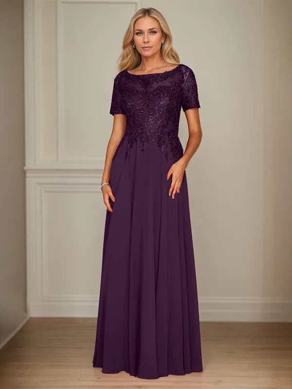 A-Line Chiffon Boat Neck Short Sleeves Floor-Length Mother of the Bride Dresses - View 15 | FashionDia