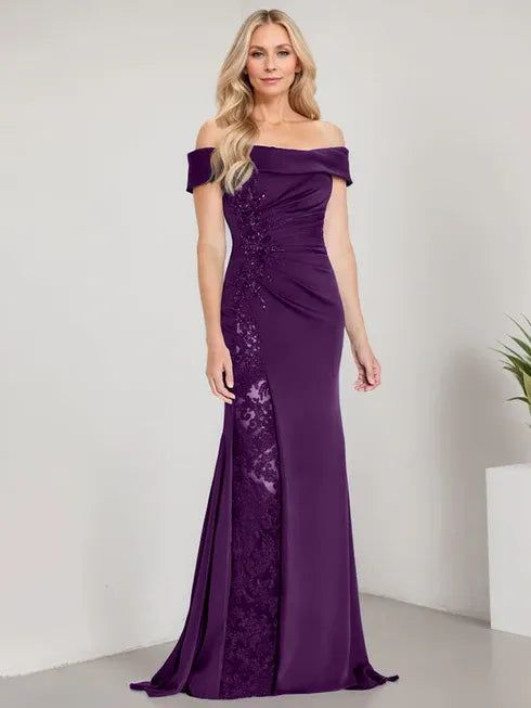 A-Line Off the Shoulder Floor-Length Mother of the Bride Dress Applique Beadings Mermaid Dress With High Split