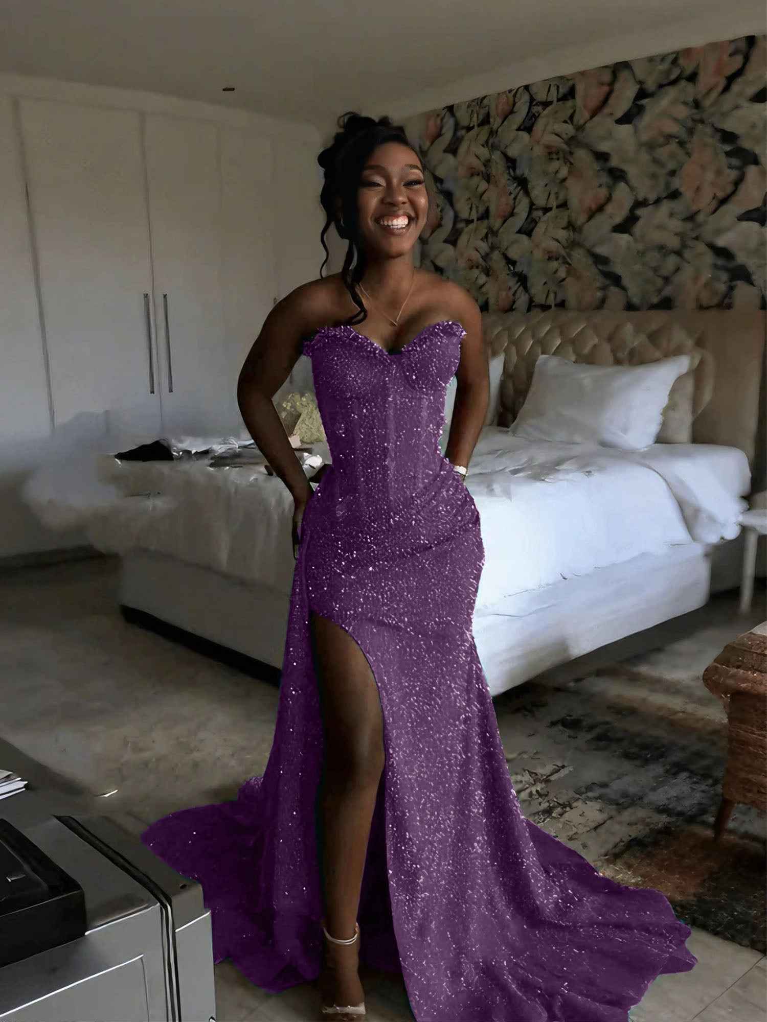 Glitter Strapless Mermaid Sequined Long Prom Dress with Slit (ZD17399)