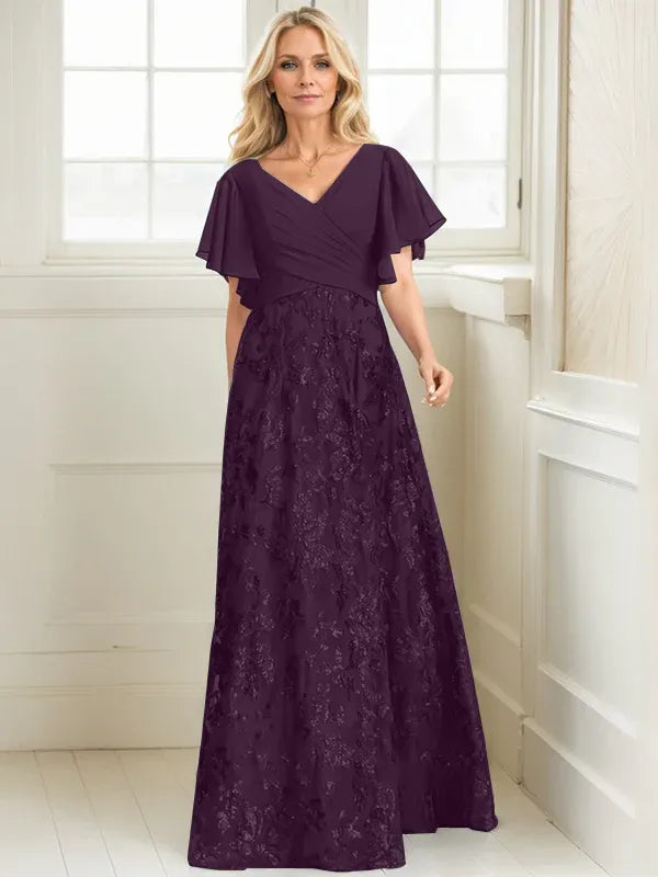 A-line V-Neck Floor-Length Lace Sequin Chiffon Mother of the Bride Dress With Pleated - View 14 | FashionDia