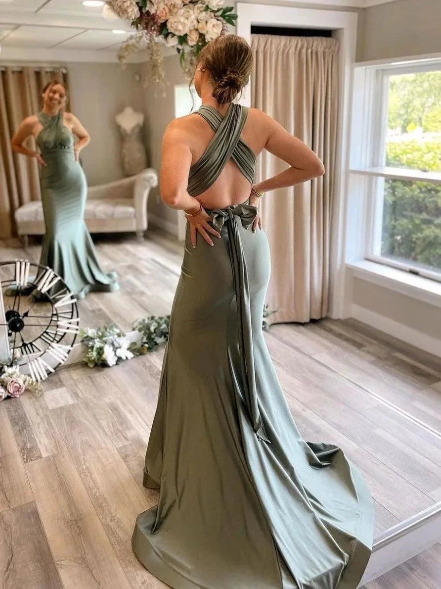 Gray Green Satin Mermaid Bridesmaid Dresses With Sweep Train (ZD13262)