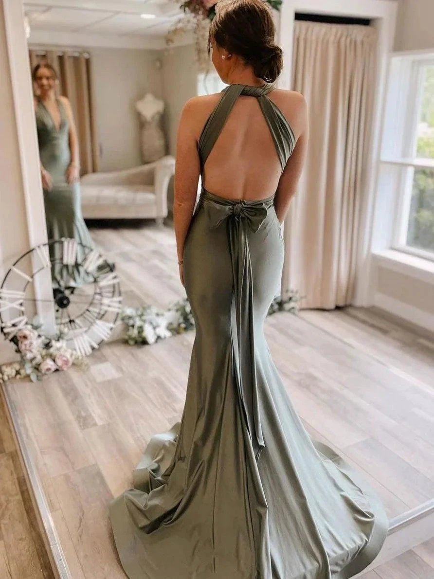 Gray Green Satin Mermaid Bridesmaid Dresses With Sweep Train (ZD13262)
