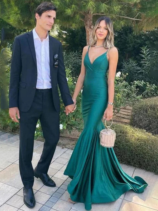 Dark Green Mermaid V-Neck Spaghetti Straps Pleated Long Prom Dress - FashionDia
