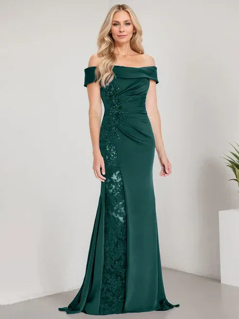 A-Line Off-the-Shoulder Floor-Length Mother of the Bride Dress Applique Beadings Mermaid Dress With High Split