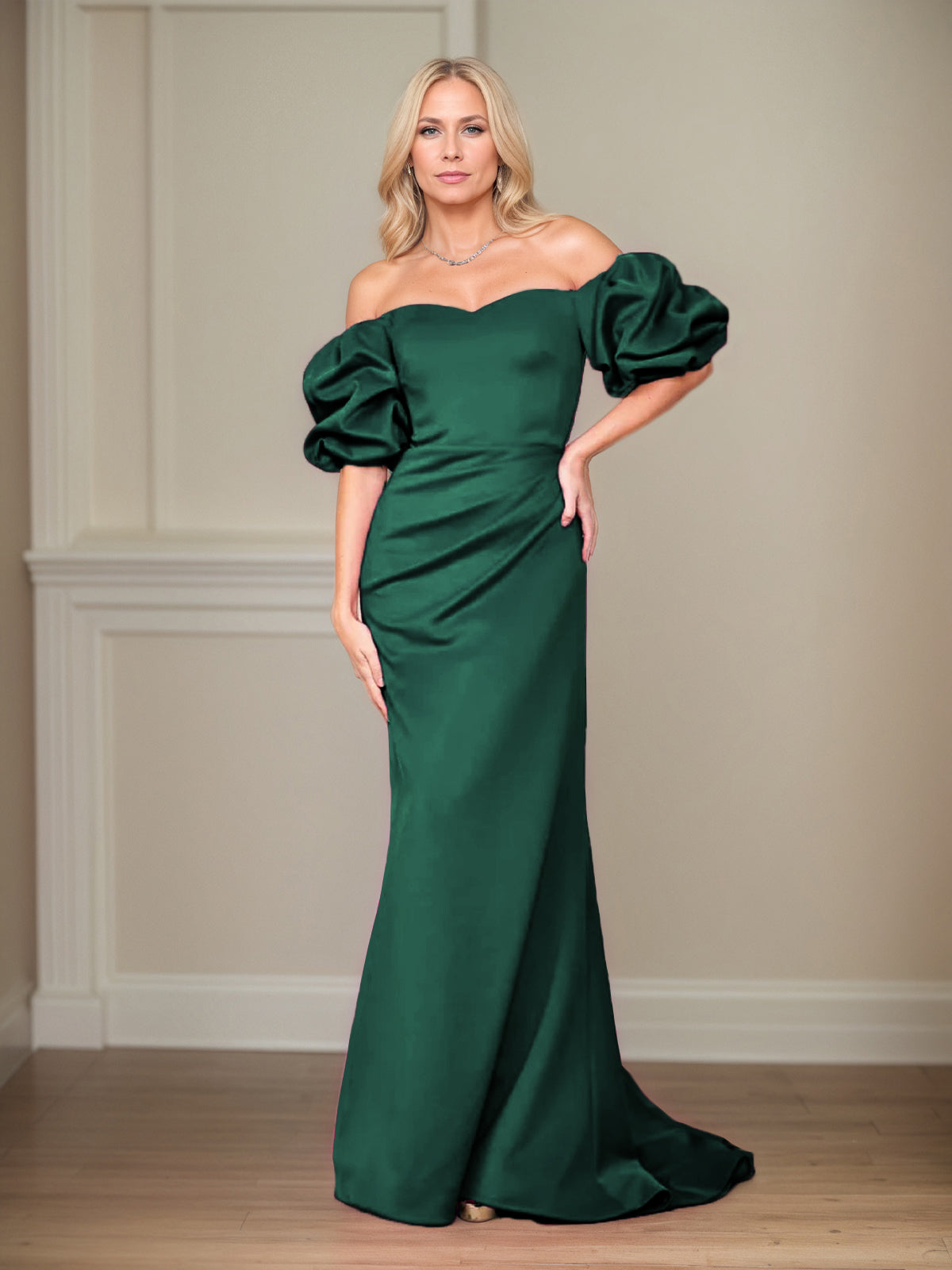 Satin Sheath/Column Off The Shoulder Puff Sleeves Floor Length Mother of the Bride Dresses