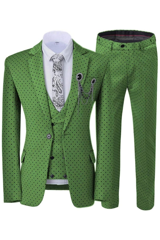 Green Notched Lapel 3 Piece Close Fitting Prom Suit with Black Dot