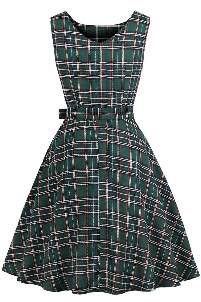 Green Plaid Sleeveless Vintage Dress - Fashionpara