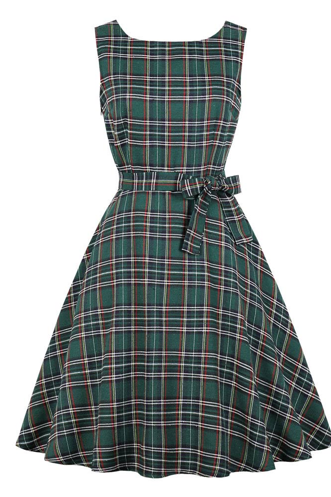 Green Plaid Sleeveless Vintage Dress - Fashionpara