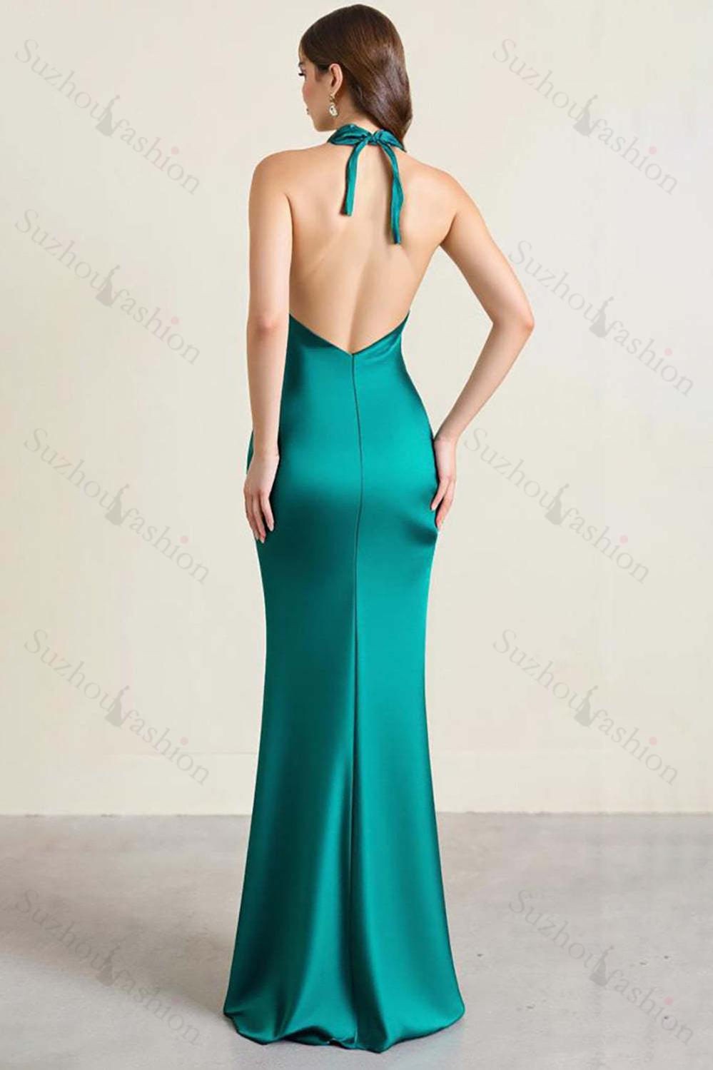 Green Prom Dress Satin Halter Long Backless Sheath Formal Dress With Slit