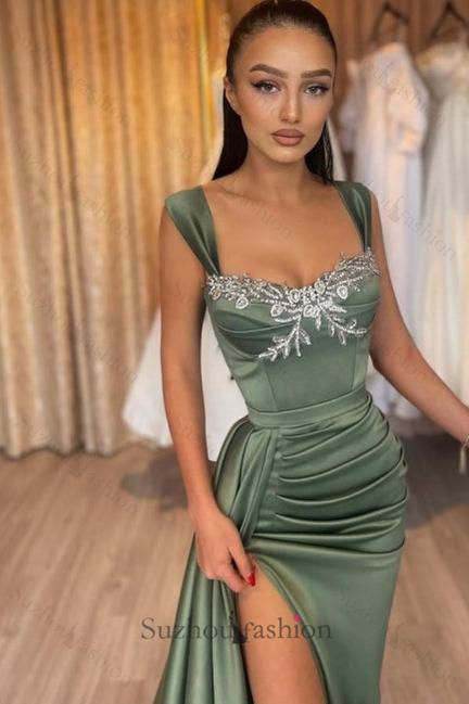 Green Prom Dress Sleeveless Lace Satin Formal Dress With Slit