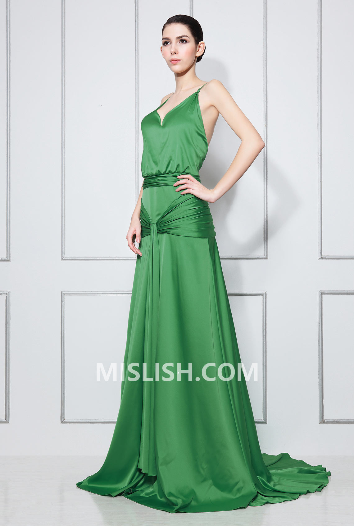 Atonement Green V-neck Dress Backless Prom Dress Inspired Celebrity - Fashionpara