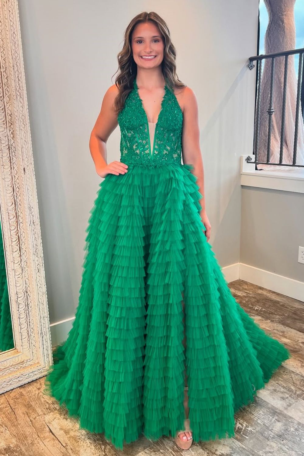 Green A-Line V-Neck Lace Top Long Tulle Prom Dress with Slit - FashionDia