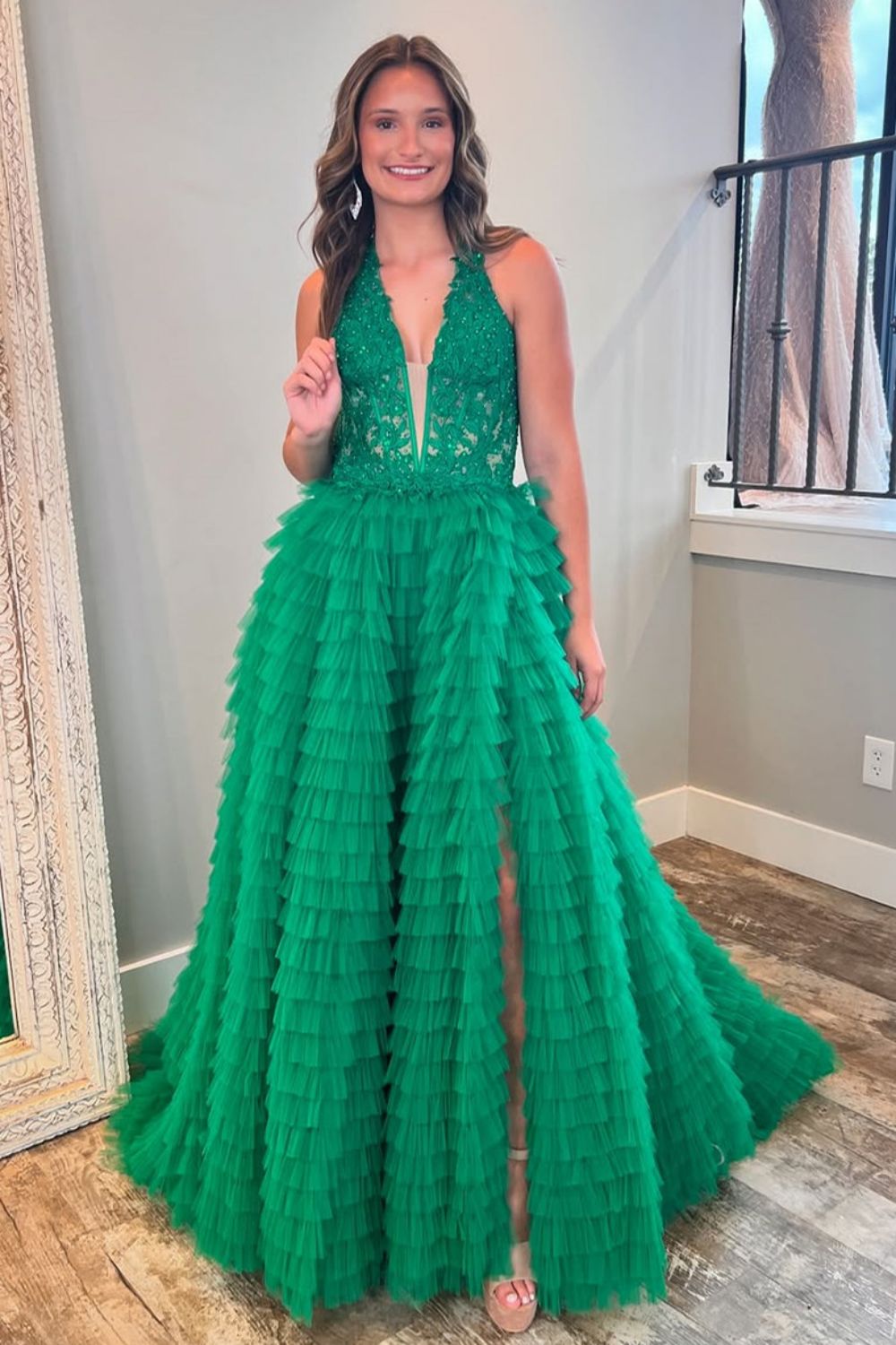 Green A-Line V-Neck Lace Top Long Tulle Prom Dress with Slit - View 2 | FashionDia