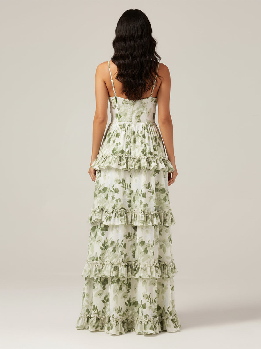 Green Floral Tiered Ruffle Maxi Dress with High Slit