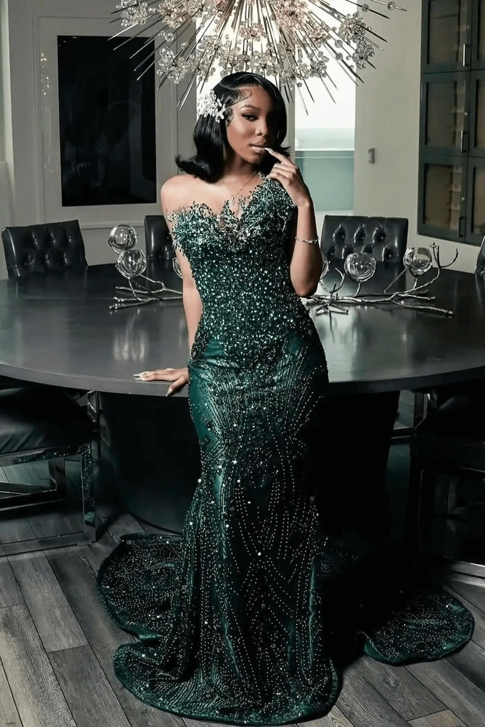 One shoulder Dark green Mermaid Sparkle Floor length Prom Dresses (ZD17396)