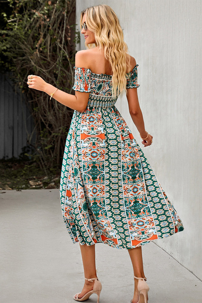 Green Print Boho Off Shoulder Midi Dress - Fashionpara