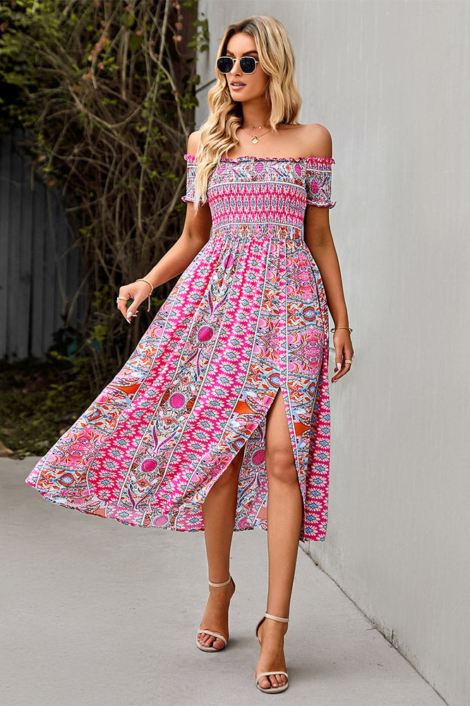 Green Print Boho Off Shoulder Midi Dress - Fashionpara