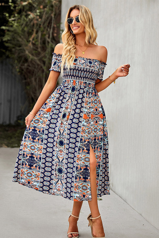 Green Print Boho Off Shoulder Midi Dress - Fashionpara