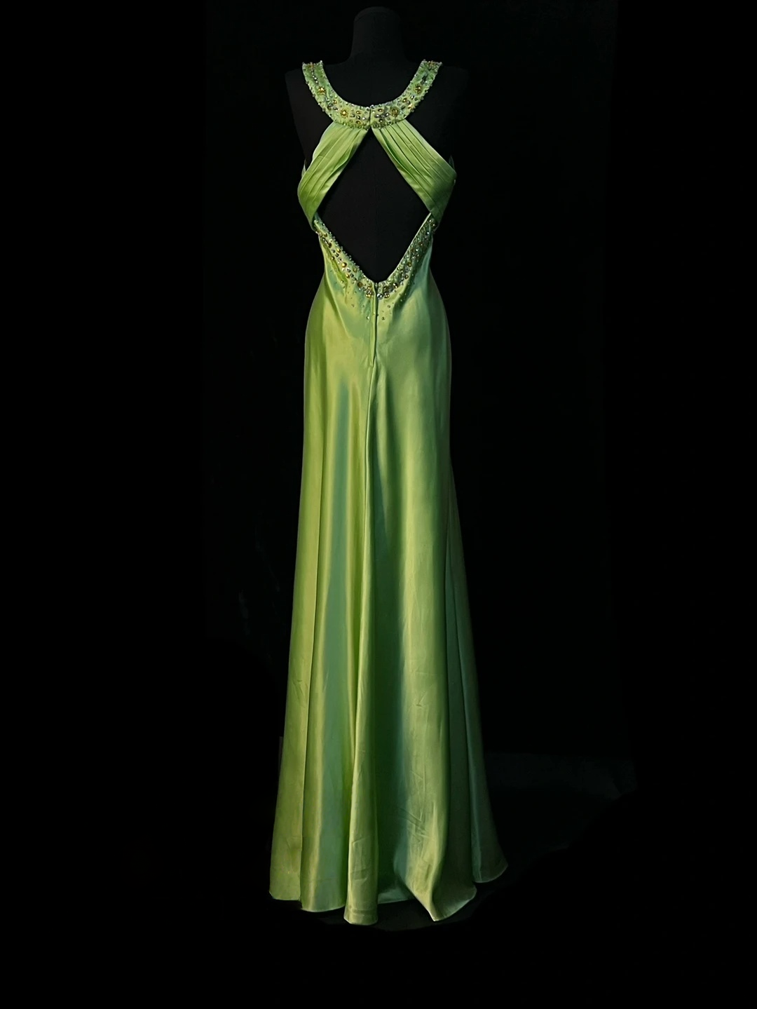 Green Satin Formal Prom Dress Beaded Evening Dress With Slit J10132