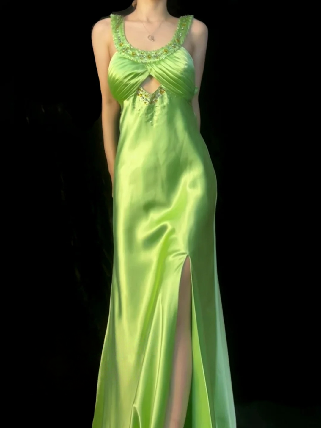 Green Satin Formal Prom Dress Beaded Evening Dress With Slit J10132