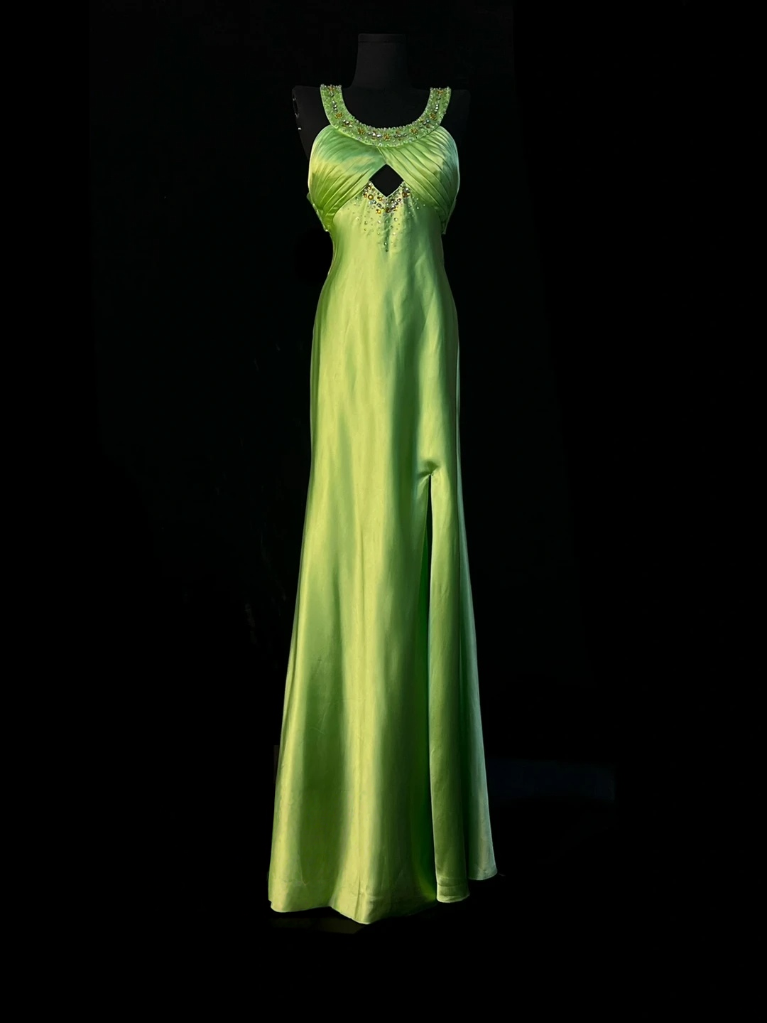 Green Satin Formal Prom Dress Beaded Evening Dress With Slit J10132