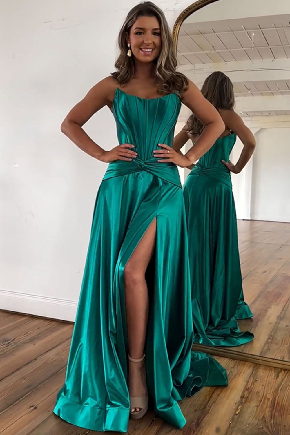 Green Strapless A-Line Long Satin Prom Party Dress With Split - View 3 | FashionDia