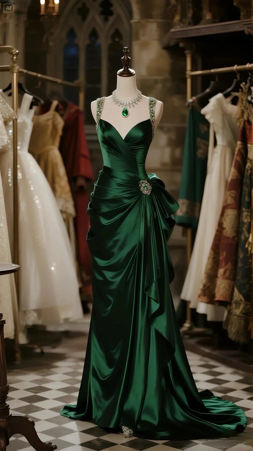 Green V-Neck Elegant Satin Long Prom Dresses Formal Evening Dresses