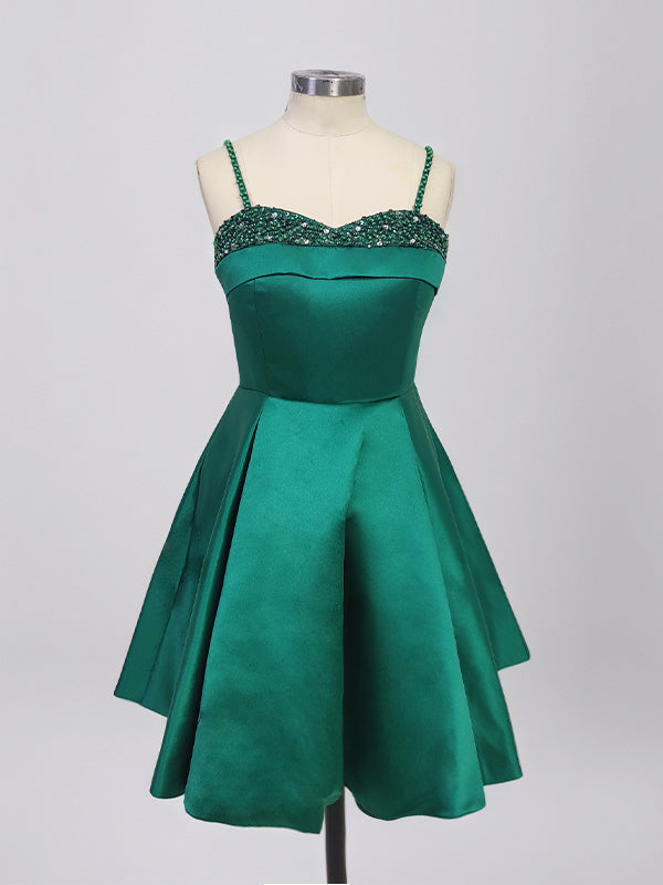 A-Line Spaghetti Straps Satin Short Homecoming Dress - FashionDia