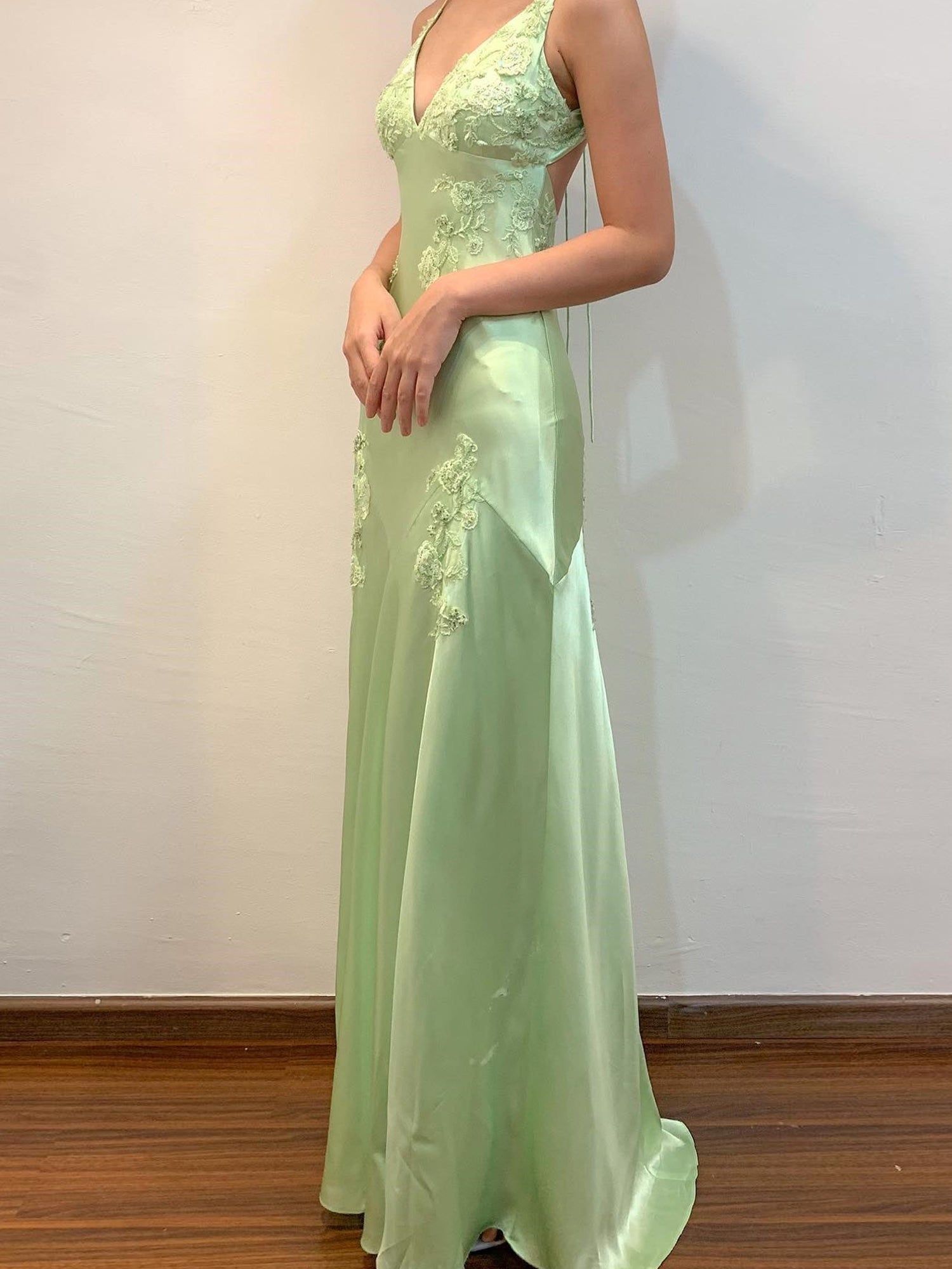 Green Appliques Soft Satin Long Prom Party Dress
