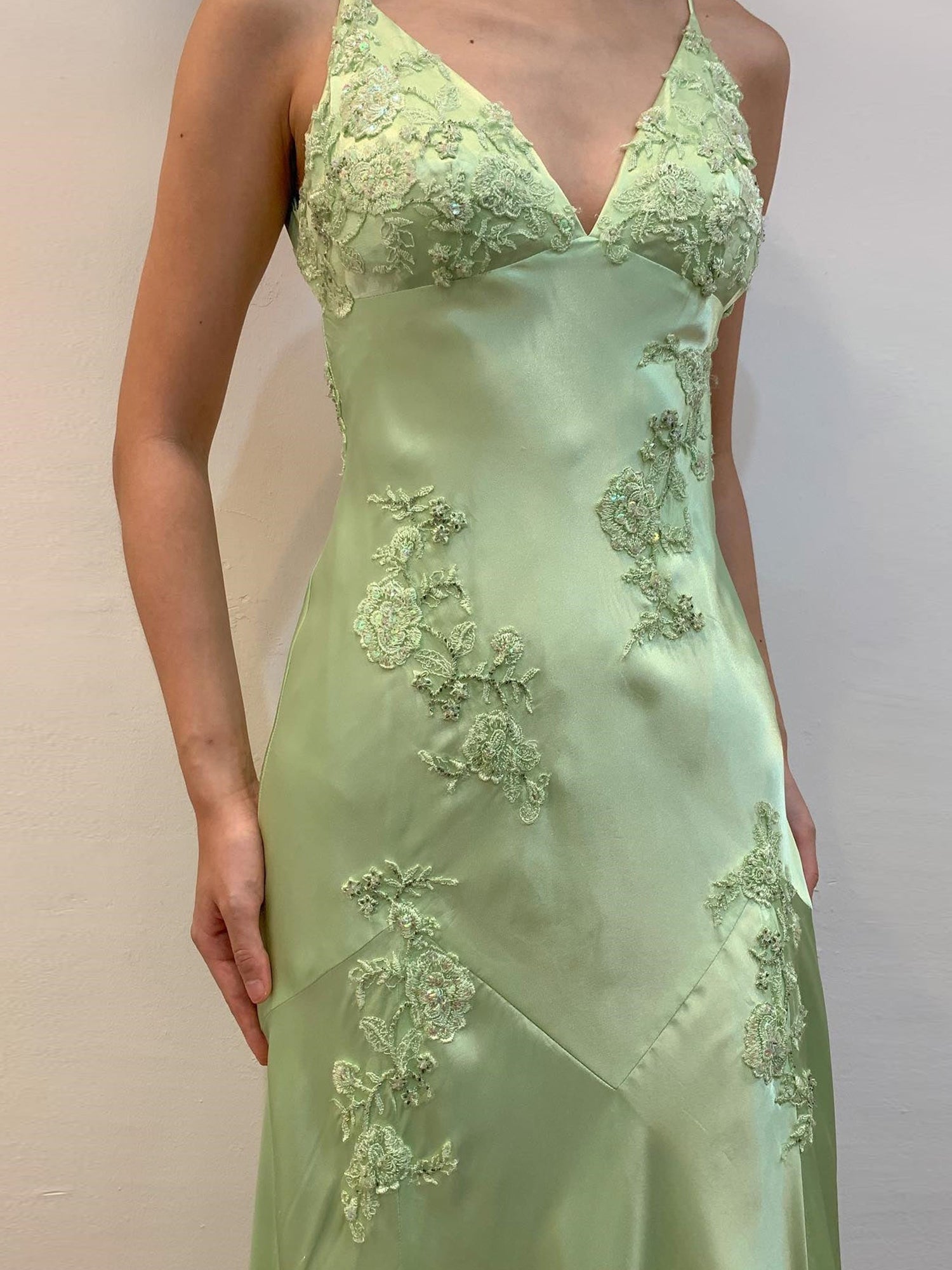 Green Appliques Soft Satin Long Prom Party Dress