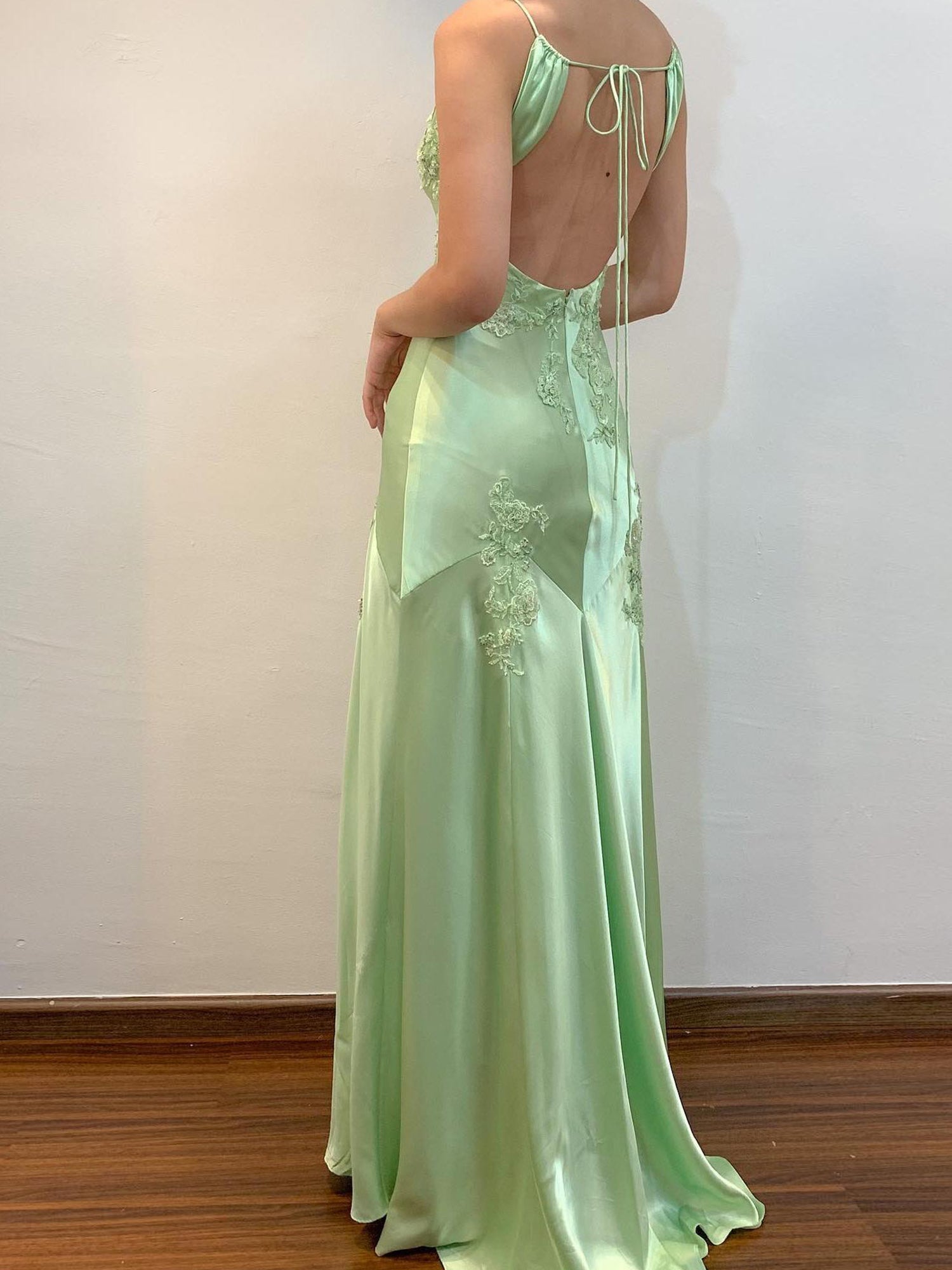 Green Appliques Soft Satin Long Prom Party Dress