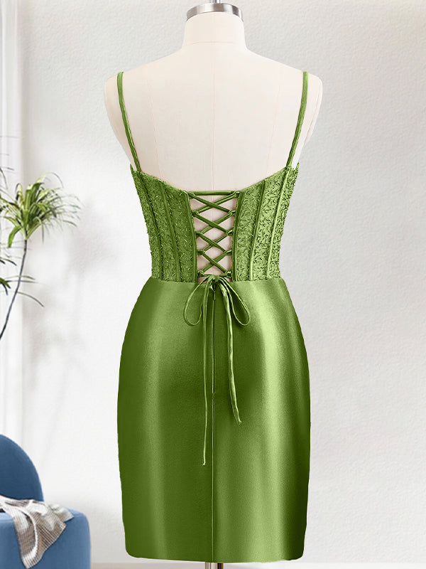 Bodycon Spaghetti Straps Corset Satin Red Homecoming Dress with Slit