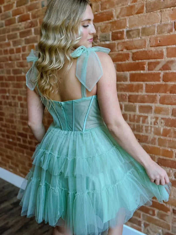 Sweetheart Bow Straps Tulle A-Line Tiered Short Homecoming Dress