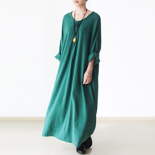 Green linen dresses long sleeves caftans cotton maxi dress