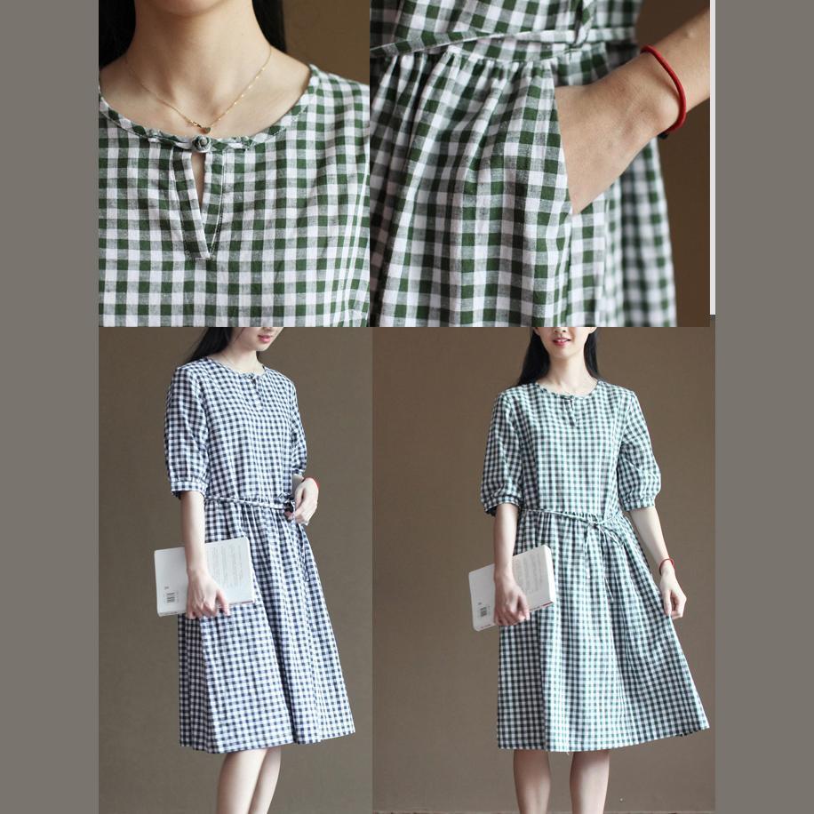 Green plaid sundress cotton summer fit flare dresses vintage style