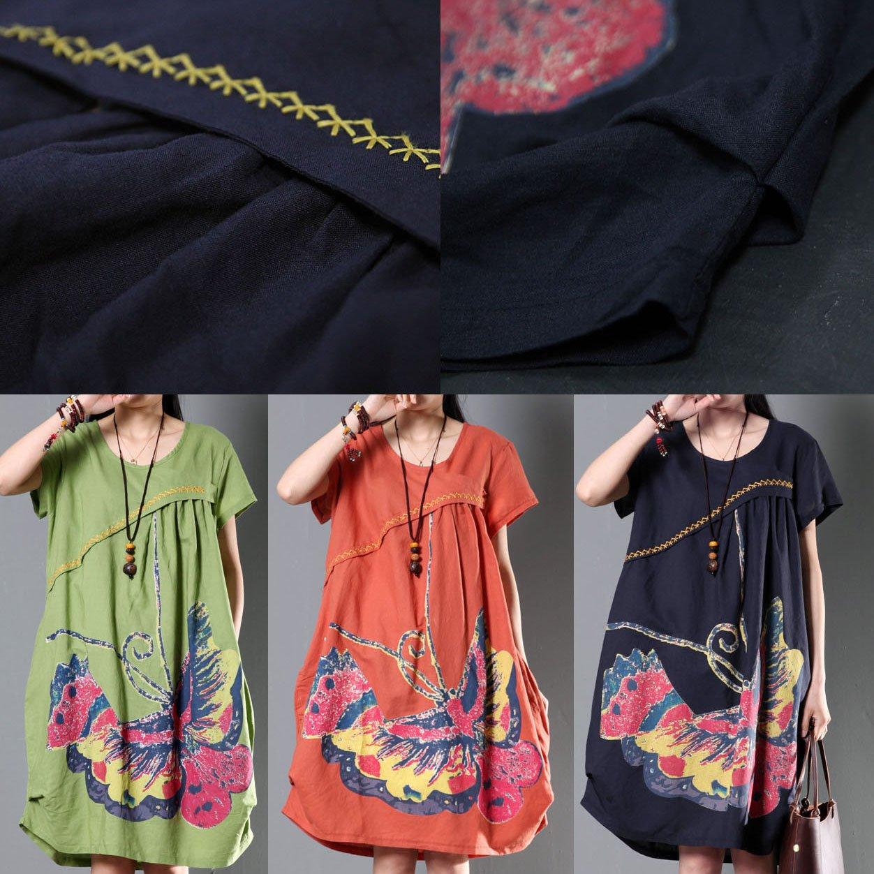 Green plus size sundress casual short sleeve summer shift dresses flying butterfly