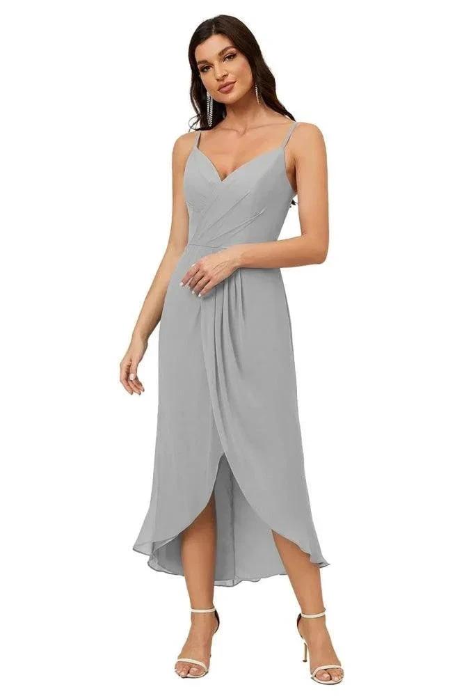 Numbersea Spaghetti Chiffon V Neck Bridesmaid Dress Mid-Length Slit Formal Prom Dress Homecoming Dress 2803 by numbersea
